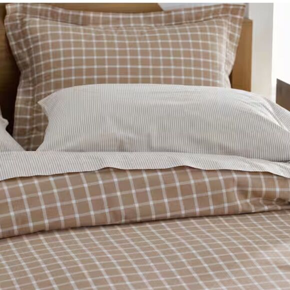 Bundle Windowpane King Fitted Sheet Pillowcases, Company Store Yard-Dyed Taupe - Picture 4 of 9